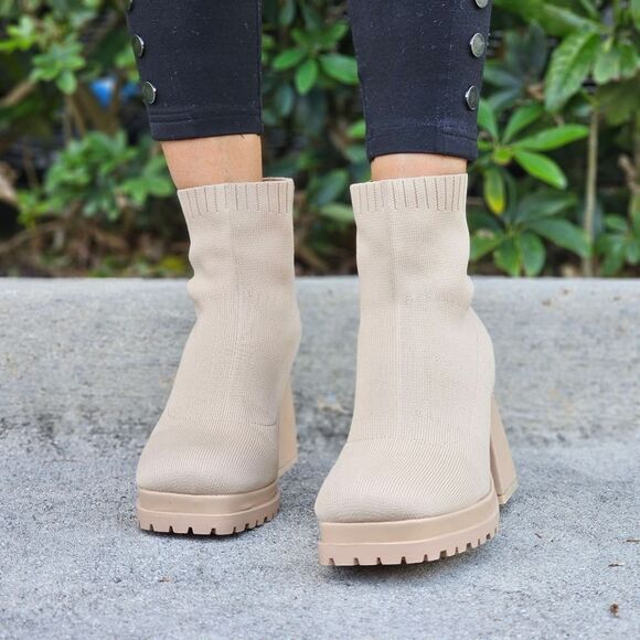 Women's Chunky Block Heel Sock Boots Nude Color - Picture 2 of 6